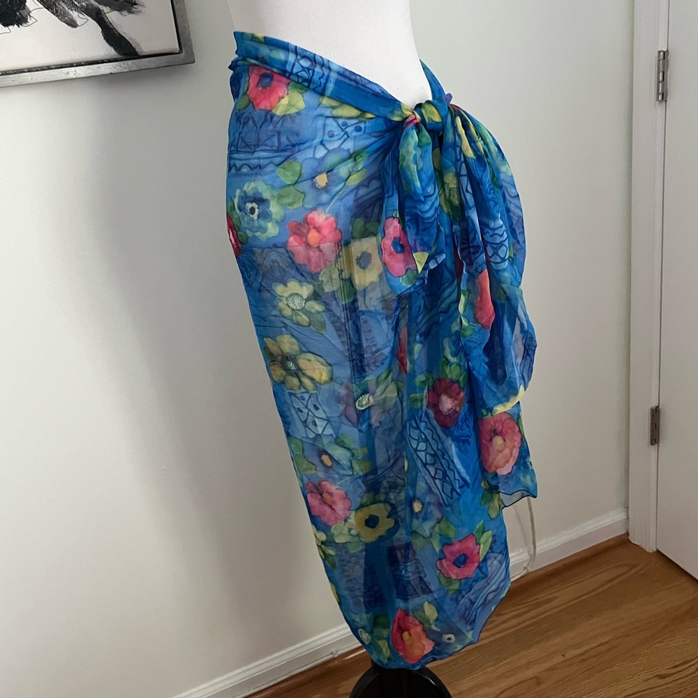 Christina Blue Floral Tropical Print Beach Scarf/Cover Up